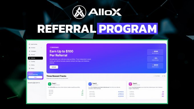 The image shows an advertisement for the AlloX Referral Program, which encourages users to share their networks or portfolios with others in order to earn money through a referral program. The poster has a blue background and white text that clearly explains what the program is about.