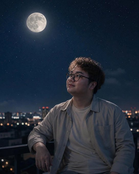 A nighttime photo of a young man with curly hair and glasses gazing up at a full moon over a city skyline.