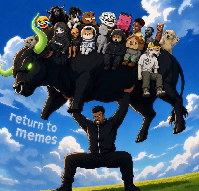 A 'return to memes' parody image showing a muscular man lifting a black bull adorned with various internet meme characters including Doge, Trollface, and Wojak, set against a blue sky.