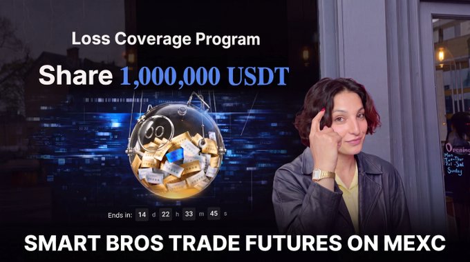 A woman stands beside a promotional banner for MEXC's "Loss Coverage Program" sharing a pool of 1,000,000 USDT, with a countdown timer reading 14 days, 22 hours, 33 minutes, 45 seconds. The image illustrates the post's message about MEXC's user-first initiative, where traders can receive up to 30K USDT in coverage for futures losses.