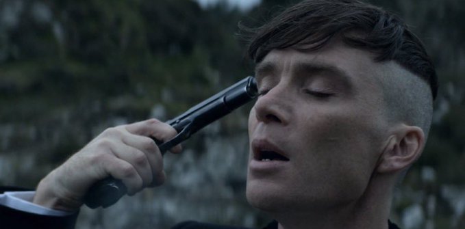A man holds a pistol to his temple with his eyes closed, appearing distressed or resigned. The image serves as a darkly humorous reaction to the crypto post, suggesting that despite enthusiasm for ETH pumping, the visual conveys a sense of despair or "putting oneself out of misery."