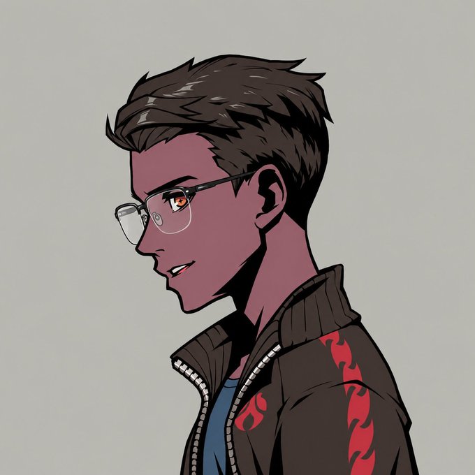 A side-profile anime-style illustration of a dark-haired man with glasses, wearing a black jacket with red flame-like designs, complements the post's cheerful "GM Kings and Queens, Wish you a great day" greeting, adding a stylized, welcoming visual flair.