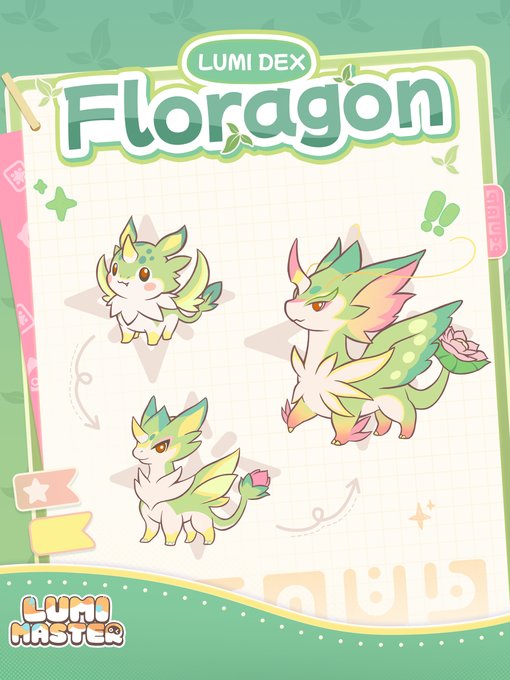 An illustration titled 'Lumi Dex: Floragon' showing three stages of a green and white plant-like creature from the game 'Lumi Master'.