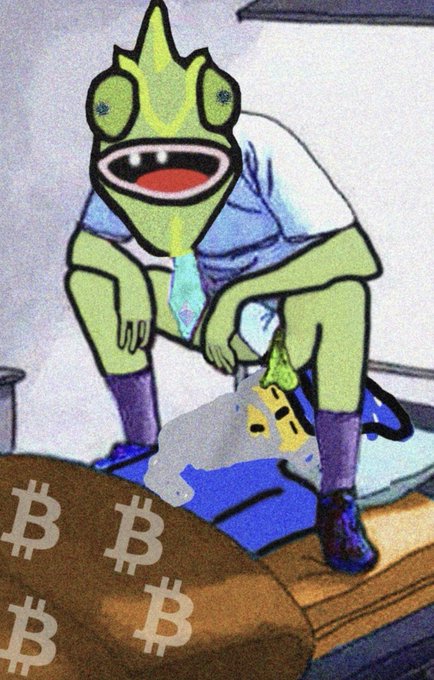 A cartoon image of a chameleon-like character in a shirt and tie kneeling on a bed, with Bitcoin symbols visible on the bedding.