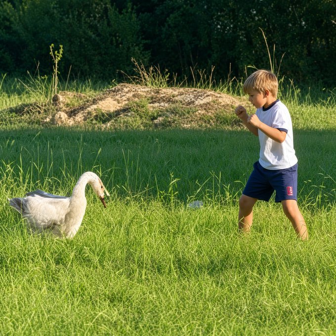 A young boy in a white shirt and blue shorts standing in a grassy field, appearing to interact with or feed a white swan.