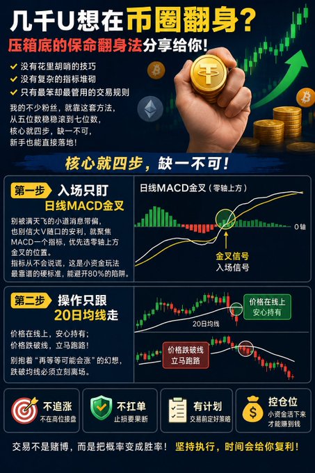 A Chinese-language infographic titled "几千U想在币圈翻身?" (Want to turn a few thousand U into a comeback in the crypto world?) outlines a four-step MACD trading strategy, featuring instructions to enter on daily MACD golden crosses above the zero line and exit if price breaks the 20-day moving average, accompanied by a hand holding a Bitcoin token. The post's sentiment about struggling in crypto trading directly mirrors the infographic's promise of a foolproof method to escape being "harvested" by the market.
