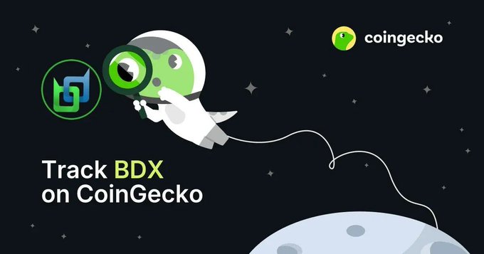 A dark promotional graphic with a cartoon astronaut holding a magnifying glass, reading 'Track BDX on CoinGecko' with the CoinGecko logo.