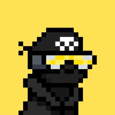 Pixel art of a dark-clothed ninja character wearing sunglasses and holding a katana on a yellow background.