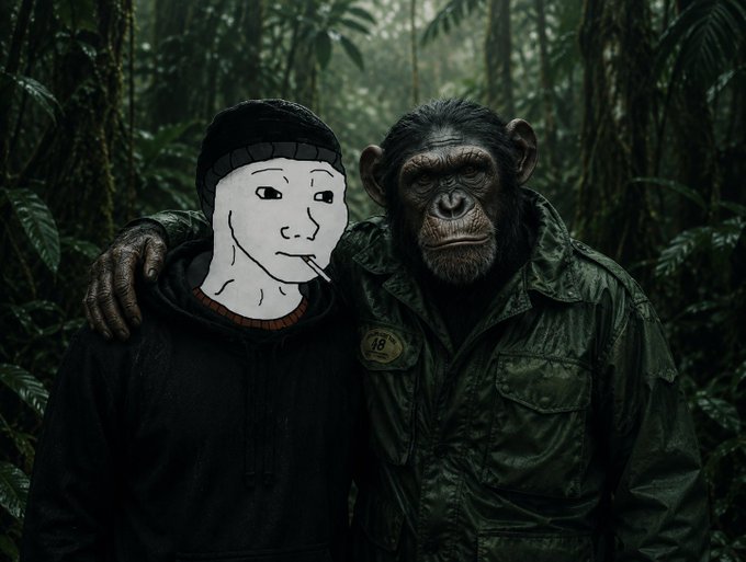 A masked Wojak figure in a black beanie stands arm-in-arm with a chimp in military garb deep in a jungle, symbolizing the unlikely camaraderie and viral meme appeal behind the $WOJAK token hype as it rides alongside $ETH toward potential new all-time highs.