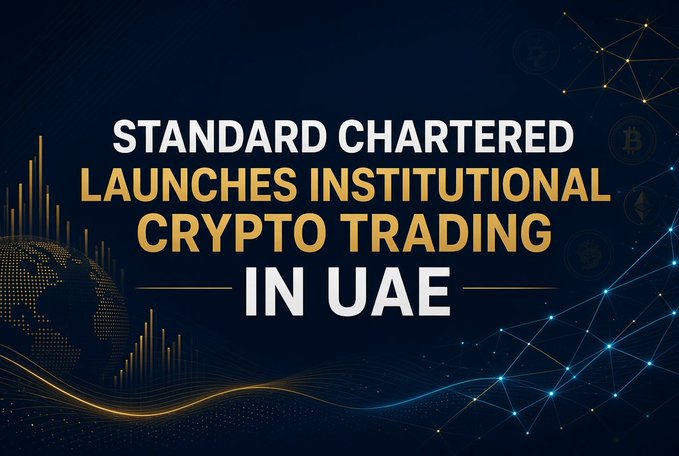 A bold promotional graphic announces "Standard Chartered Launches Institutional Crypto Trading in UAE" in white and gold text, set against a dark blue background featuring a stylized globe, financial chart elements, and a network of cryptocurrency symbols (Bitcoin and Ethereum). The image visually reinforces the post's announcement, highlighting the bank's pioneering move into institutional crypto services in the UAE market.