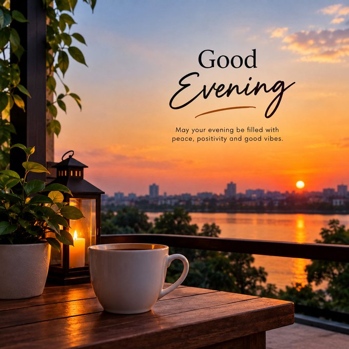 A sunset scene featuring a white coffee mug and a lit candle on a wooden balcony overlooking a river and city skyline, with text reading 'Good Evening - May your evening be filled with peace, positivity and good vibes.'