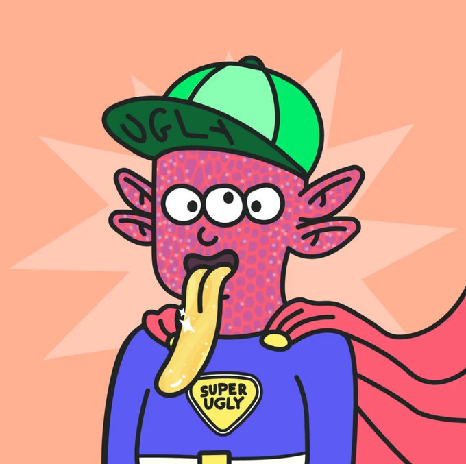 A cartoon character with pink spotted skin wearing a green "UGLY" cap and a "SUPER UGLY" badge on a blue shirt, holding a banana near their mouth.