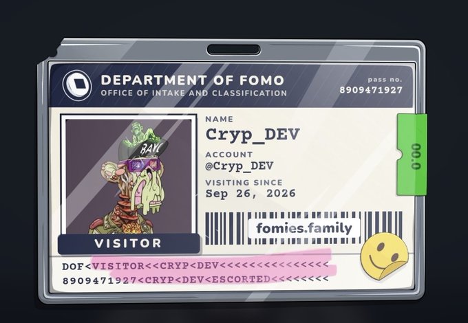 A digital 'Department of Fomo' visitor badge for Cryp_DEV from the fomie.family website, dated Sep 26, 2026.