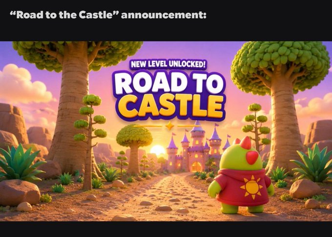 An animated scene showing a green character with a red crest facing a castle, with text reading 'Road to the Castle' announcement and 'NEW LEVEL UNLOCKED!'.