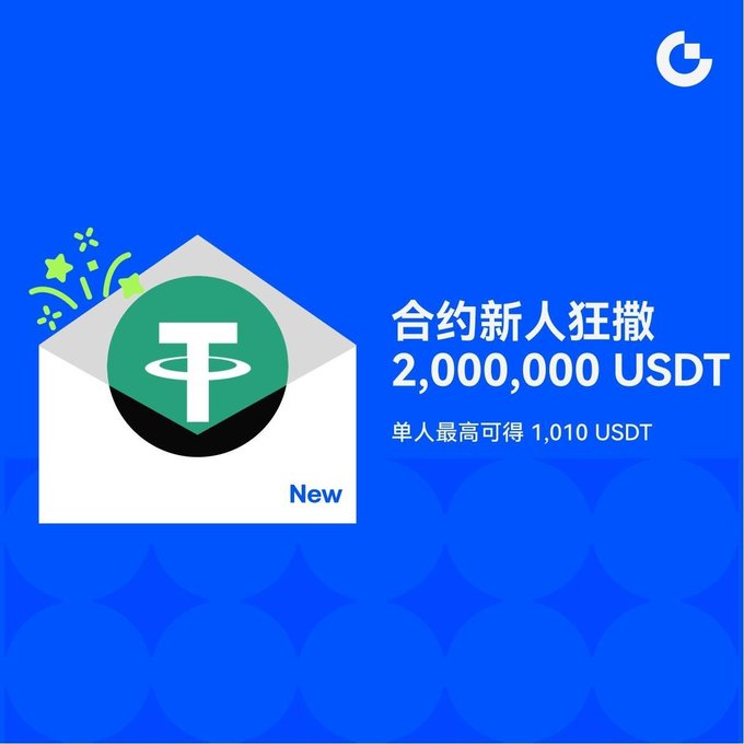 A promotional advertisement in Chinese featuring Tether (USDT) logo on an open envelope, advertising a 2,000,000 USDT giveaway for new contract users with a maximum of 1,010 USDT per person.