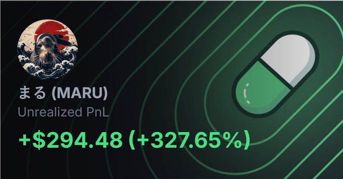 The image shows a green pill with a white label, placed centrally against a black background. The pill is surrounded by an equal number of black and white lines, creating a visually contrasting effect. Underneath this design, there's text that reads "Unrealized PnL $29.49/48 + 32.87%". This information suggests that the post about the pills is in Vietnamese, as it states its value in the local currency (vãng các hìn biết không).