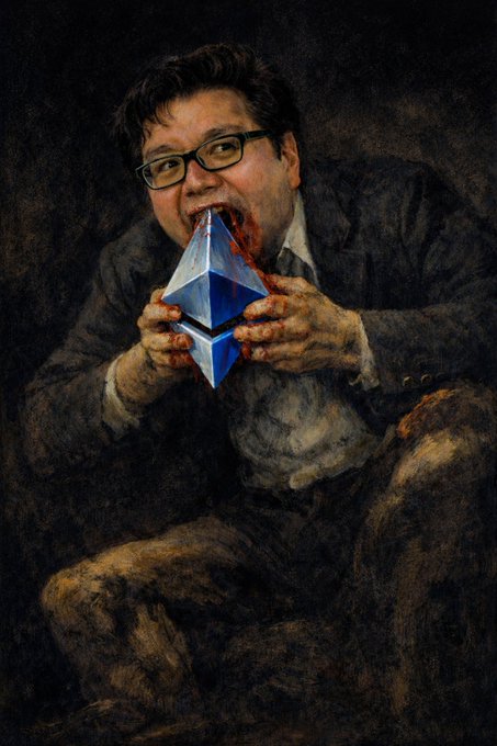 The image features a man sitting down with his legs crossed while holding a blue paper cube in front of him. The man has glasses, a tie, and appears to be wearing a suit. The background is dark, which contrasts with the colorful scene. There are no other objects or people visible in the image, making it an interesting and unique composition.