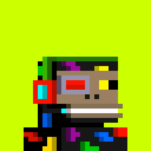 Pixel art portrait of a character with a blocky head, featuring red, blue, yellow, and purple geometric color patches, set against a bright lime green background.