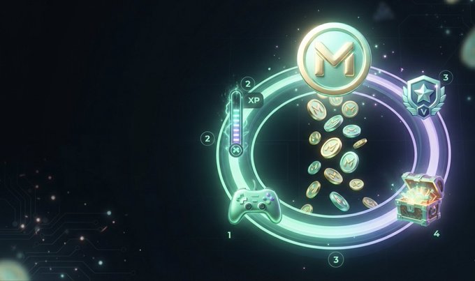 A digital graphic showing a gaming reward system with coins, an XP bar, a controller icon, a treasure chest, and achievement badges arranged in a glowing circular design.