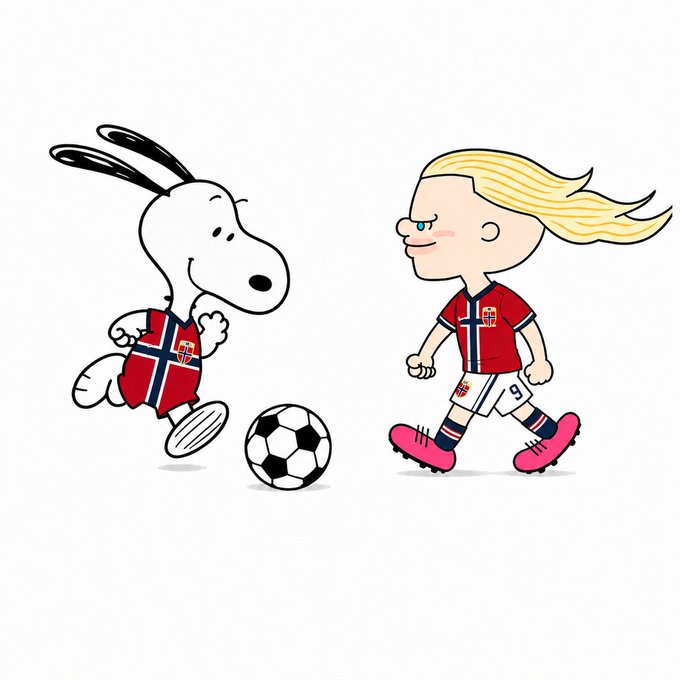 A cartoon Snoopy and a blonde cartoon girl in matching red, white, and blue Norway soccer uniforms run toward a soccer ball, capturing the energetic "Go! Go!" spirit of the game.