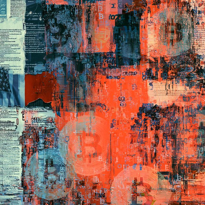 An abstract mixed-media artwork featuring vibrant orange and teal colors with faded Bitcoin symbols and newspaper text collage.