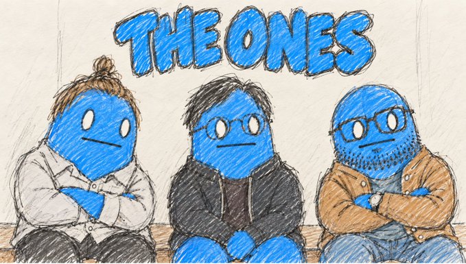 Hand-drawn illustration titled "THE ONES" depicting three figures with blue faces and casual clothing sitting side by side.