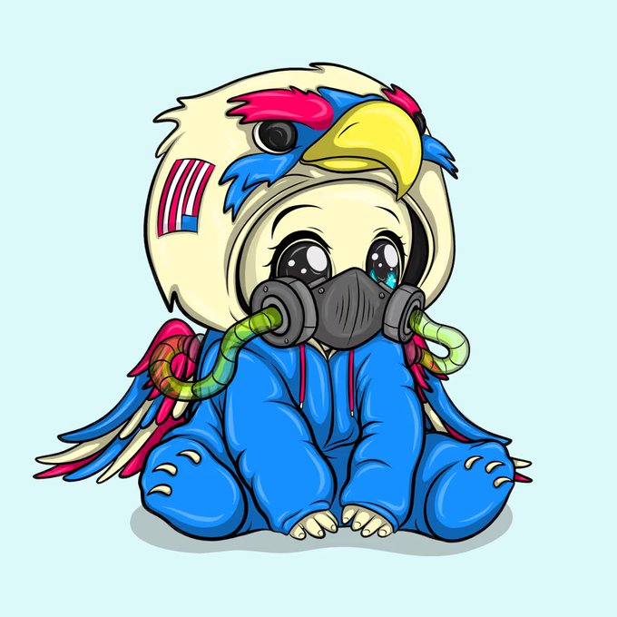 A cartoon-style illustration depicts a sad character in a blue onesie and a parrot-themed hood wearing a gas mask with green corrugated tubes.