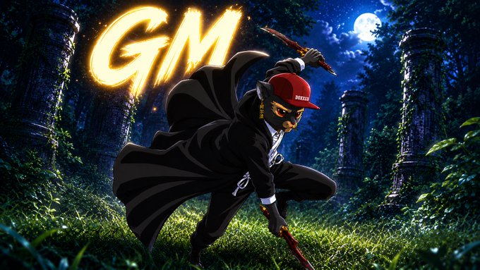 The image features a cartoon character dressed in black clothing with a red hat standing in a field of tall green grass under a dark sky. The character has a sword in their hand, suggesting they are ready for battle or an adventure. The background includes trees and a full moon, creating a mysterious atmosphere. The post reads "GOM" at the top left corner, indicating it is related to the cartoon character's story.