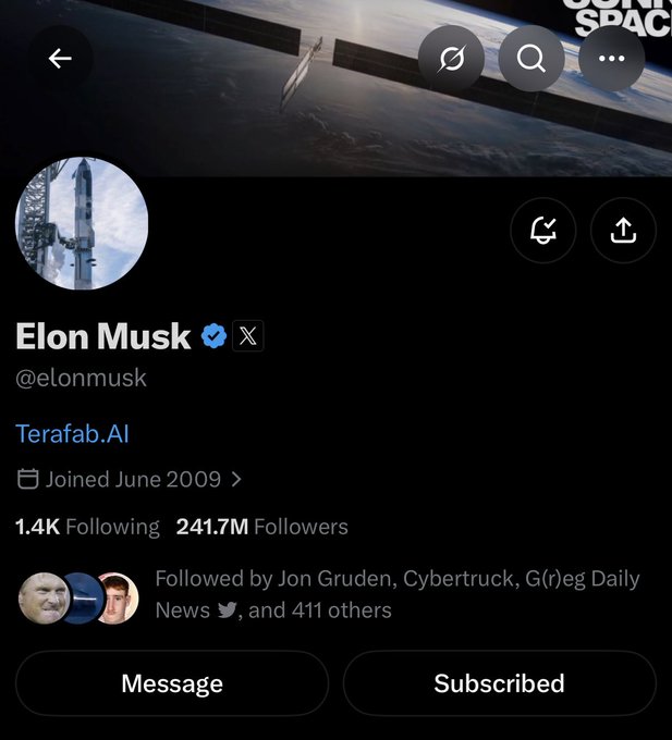 Elon Musk's X (formerly Twitter) profile page shows 241.7M followers, 1.4K following, joined June 2009, with the website listed as Terafab.AI.