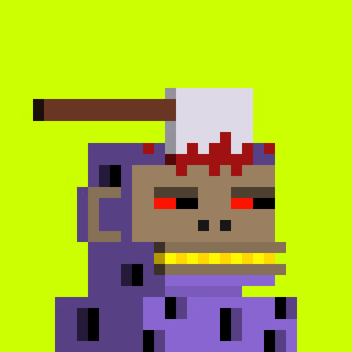 A pixel art character with a blocky brown head, red eyes, blood dripping from the top, and a purple outfit set against a bright yellow background.
