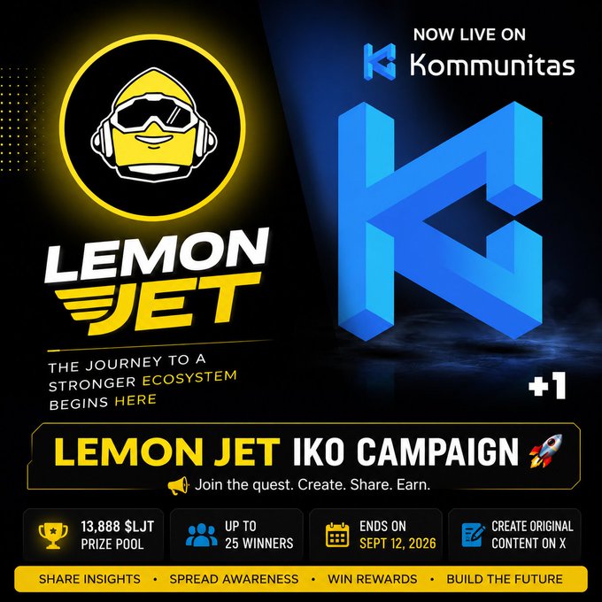 A promotional graphic announces “LEMON JET IKO CAMPAIGN,” now live on “Kommunitas,” offering a 13,888 LJТ prize pool for up to 25 winners through Sept. 12, 2026.