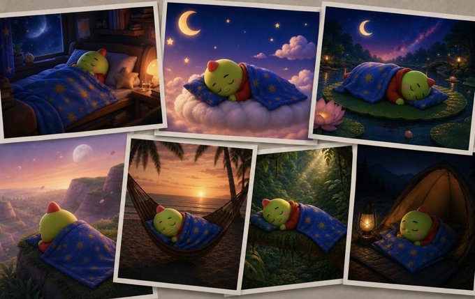 A collage of six illustrated scenes shows a small green character with red ears sleeping peacefully in various settings, including on a cloud, a lily pad, a hammock, a forest, a tent, and a bedroom.