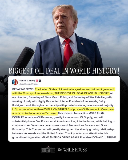The image shows a post from Donald J. Trump's X account announcing the "BIGGEST OIL DEAL IN WORLD HISTORY!"—a U.S.-Venezuela agreement giving the U.S. majority control over more than 65 billion barrels of Venezuelan oil reserves, featured alongside a White House graphic with Trump speaking at a microphone. This ties into the accompanying post's claim about oil being tokenized on XRP, as the massive Venezuelan oil acquisition fuels the narrative of a new petro-dollar system backed by tokenized commodities starting with U.S. allies like Saudi Arabia and Iraq.