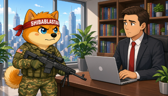 An anime-style illustration depicting an anthropomorphic Shiba Inu dog wearing military camouflage and a red 'SHIBABLASTER' headband, holding a large rifle while standing next to a man in a suit working on a laptop.
