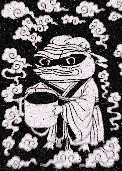 A black-and-white illustration of a frog-like creature in robes holding a large mug, surrounded by stylized clouds. The whimsical image fits the casual "GM, frens" (good morning, friends) greeting commonly used in crypto/online communities, pairing the coin-pouring frog as a playful mascot for the morning salutation.