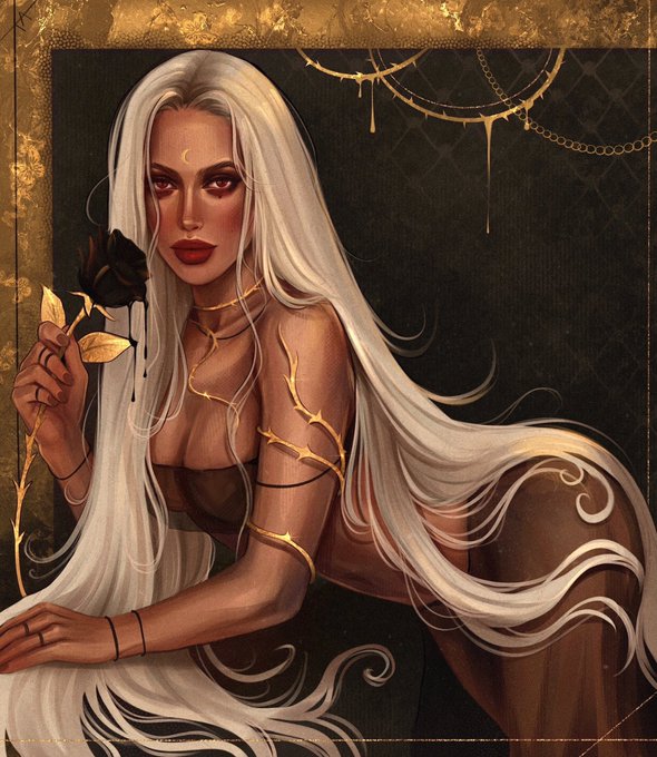 A fantasy-style portrait of a pale woman with long white hair, gold thorn-like adornments, and a black rose, set against a dark green and gold background.