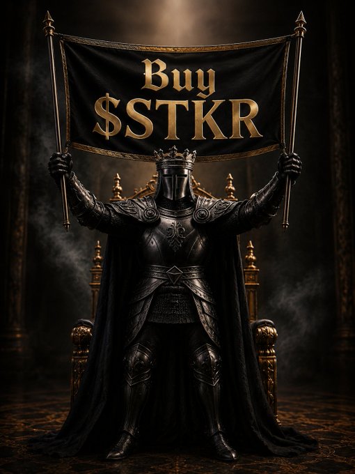 A knight in black armor and cape sits on a throne holding a black banner with gold text reading "Buy $STKR."