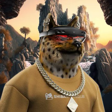 An AI-generated image of a cheetah wearing a VR/MR headset and a gold chain necklace, wearing a tan shirt with 'SHIBA SHIBACLUB' text, set against a rocky mountain landscape.