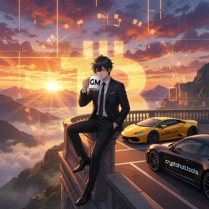 An anime-style man in a suit sits on a mountain ledge at sunrise sipping a mug labeled "GM," with a yellow Lamborghini marked "suibets.com" and a black sports car labeled "cryptohub.tools" parked behind him beneath a faint Bitcoin logo. The image perfectly complements the post's "Good morning, legends" message, visually showcasing the two featured platforms—@Sui_Bets and @CryptoHub_Tools—on the SUI and Base chains as promised golden picks.