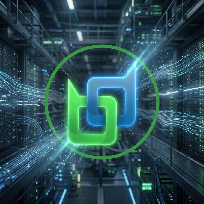 A glowing green and blue interlocking logo displayed over a high-tech server room background with flowing light streaks.
