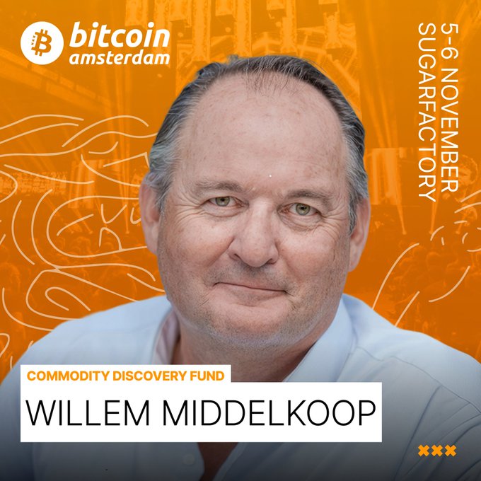 A promotional graphic for 'bitcoin amsterdam' featuring a portrait of 'WILLEM MIDDELKOOP' from the 'COMMODITY DISCOVERY FUND', with dates '5-6 NOVEMBER' and location 'SUGARFACTORY' on an orange background.