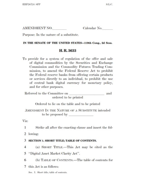 An official U.S. Senate amendment document numbered 3833, regarding the regulation of digital commodities and titled the 'Federal Reserve Anti-Corruption Act'.
