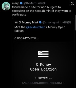 The image shows a social media post from "merp" (@0xMerp) sharing an embedded tweet by "X Money Mint" (@xmoneymint) that advertises "X Money Open Edition" minting for 0.0069420 ETH, featuring a Japanese flag motif. The post relates to the accompanying caption by humorously contrasting KYC (identity-based) verification with a "location-only" approach—mocking a workaround where participants from CT (Crypto Twitter) reportedly used VPNs or geographic spoofing to bypass regional restrictions on the mint, effectively turning location verification into a trivial obstacle.