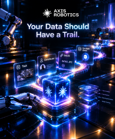 An AXXIS ROBOTICS advertisement featuring a futuristic neon-lit design with the tagline 'Your Data Should Have a Trail.' and various tech interface elements.