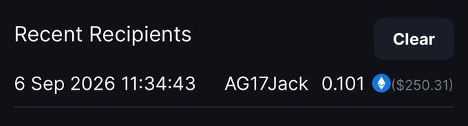 The image shows a "Recent Recipients" panel displaying a transaction from "AG17Jack" sent on 6 Sep 2026 at 11:34:43, with 0.101 ETH ($250.31) as the cryptocurrency amount. This confirms the post's claim that $250 worth of crypto was received from user AG17Jack.