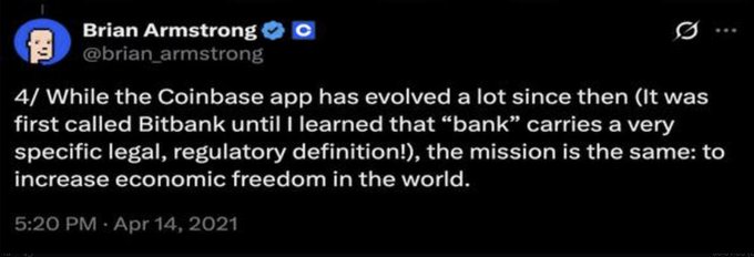 The image shows a tweet from Brian Armstrong (@brian_armstrong) dated April 14, 2021, explaining that the Coinbase app was originally called "Bitbank" before he learned the term "bank" carries specific legal/regulatory definitions, though the mission to increase economic freedom remains the same. This relates to the accompanying post about $BITBANK being the "cashcat" of Base, highlighting the historical connection between the original "Bitbank" name and the Base ecosystem token.