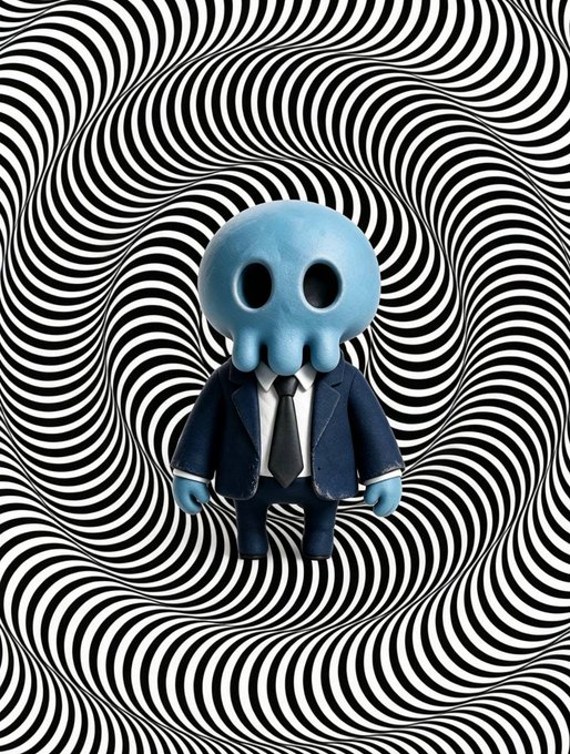 A 3D-rendered blue octopus-headed character wearing a navy business suit and tie, posing against a black and white hypnotic spiral pattern background.