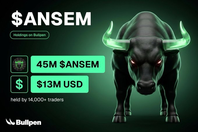 A promotional graphic for $ANSEM by Bullpen showing a fierce black bull with glowing green horns, advertising 45M $ANSEM ($13M USD) held by 14,000+ traders.