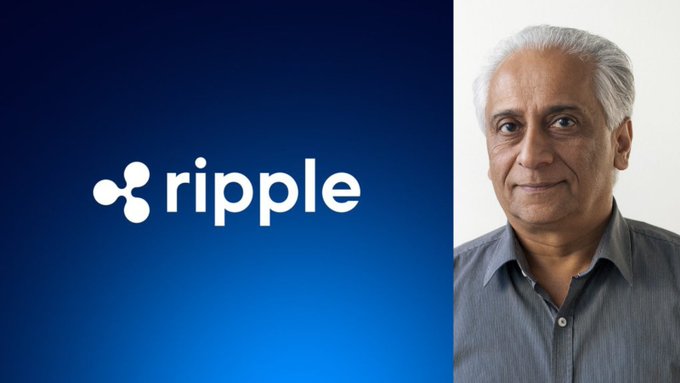 The image features the Ripple logo alongside a photo of an older man with gray hair, identified as former Ripple Global Head Dilip Rao, who is quoted in the post discussing XRP's shift from retail to institutional use as a key turning point.