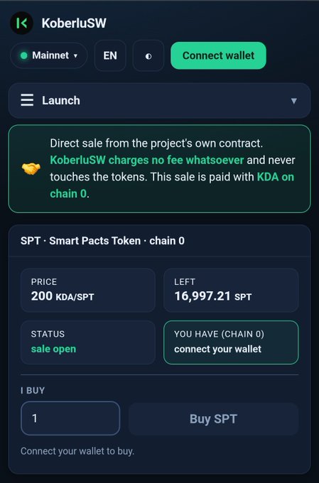 A screenshot of the KoberluSW token launch page on Kaddex, with a price of 200 KDA/SPT, 16,997.21 SPT available, status 'sale open', and options to connect wallet or buy SPT.